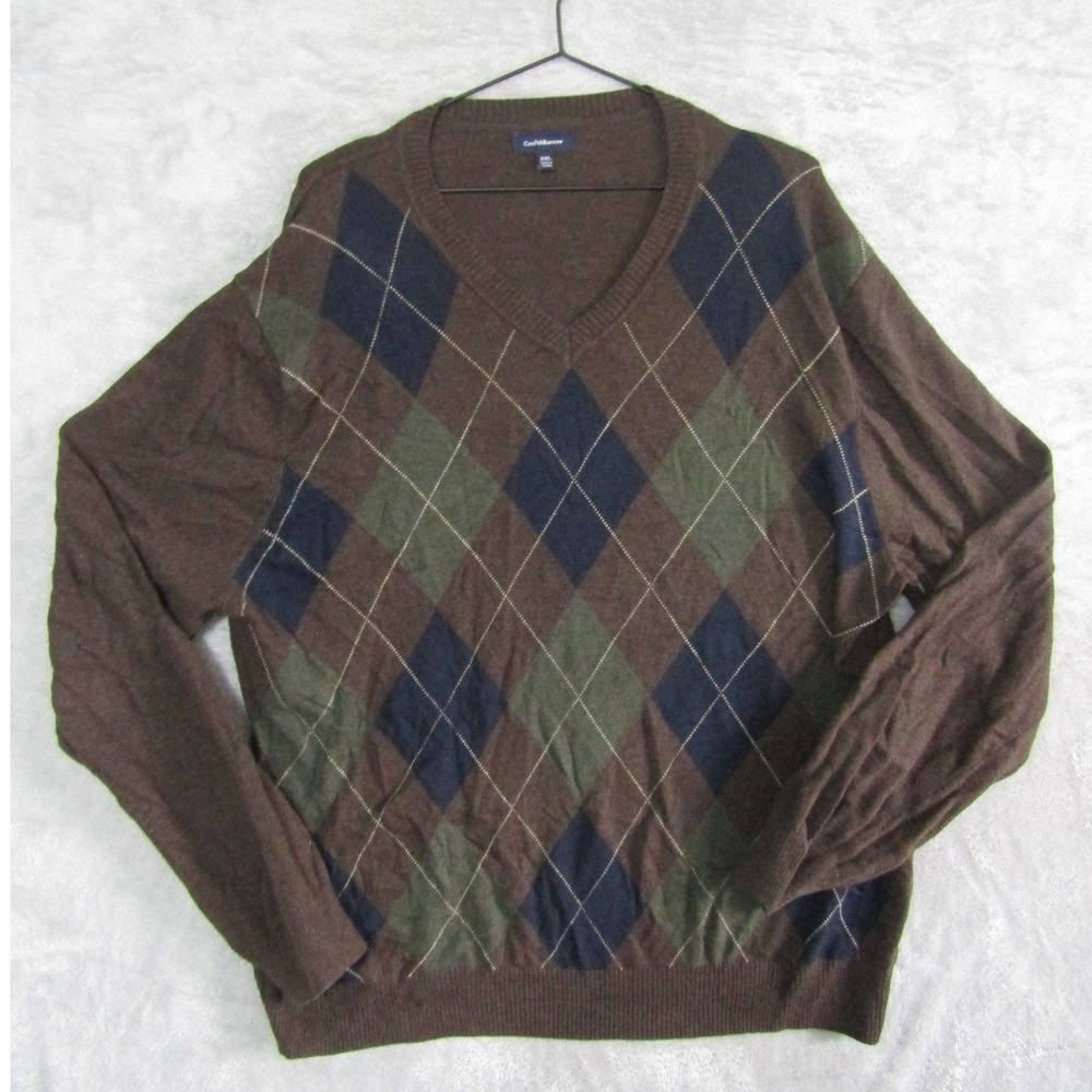 Croft & Barrow Mens XXL Brown Argyle V-Neck Sweater Cotton Wool Blend